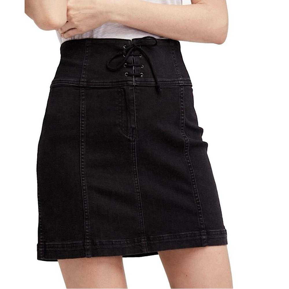NWT Free‎ People Modern Femme Lace Up Denim Mini Skirt Black Size 2
